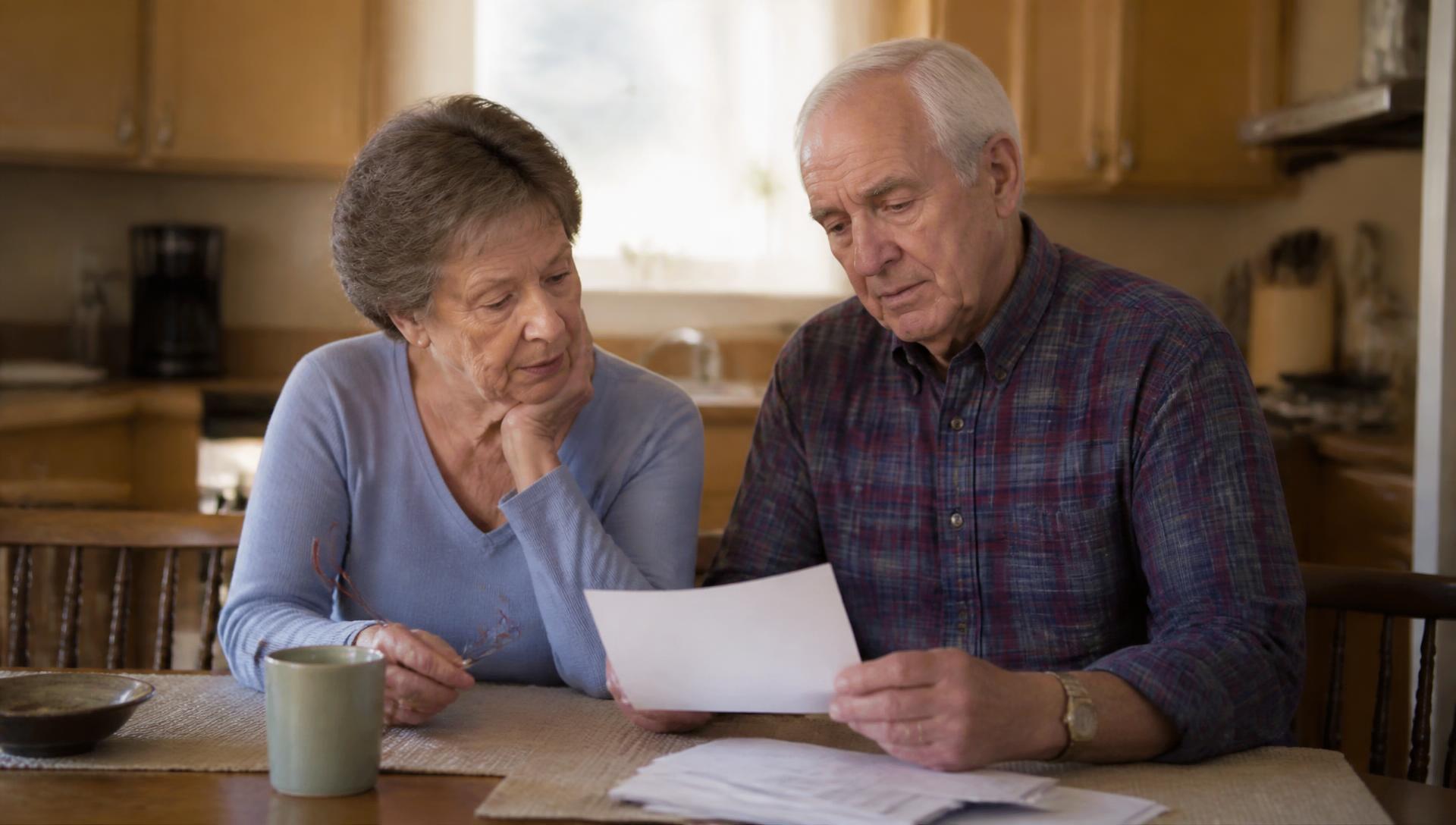 Senior couple reviewing insurance paperwork at their kitchen table