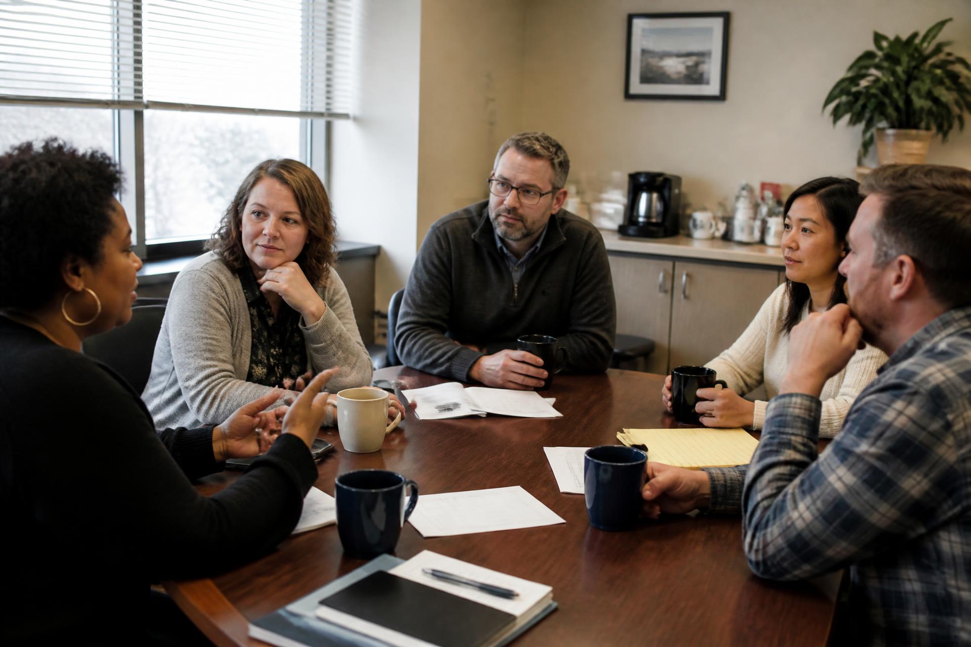 Small team in a Canton, Ohio workplace breakroom talking around a conference table