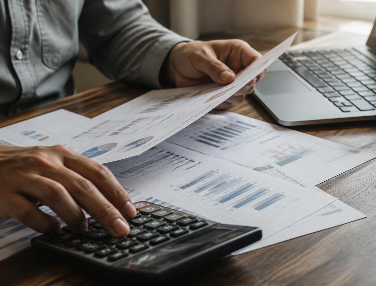 Hands reviewing printed statements beside a calculator and laptop