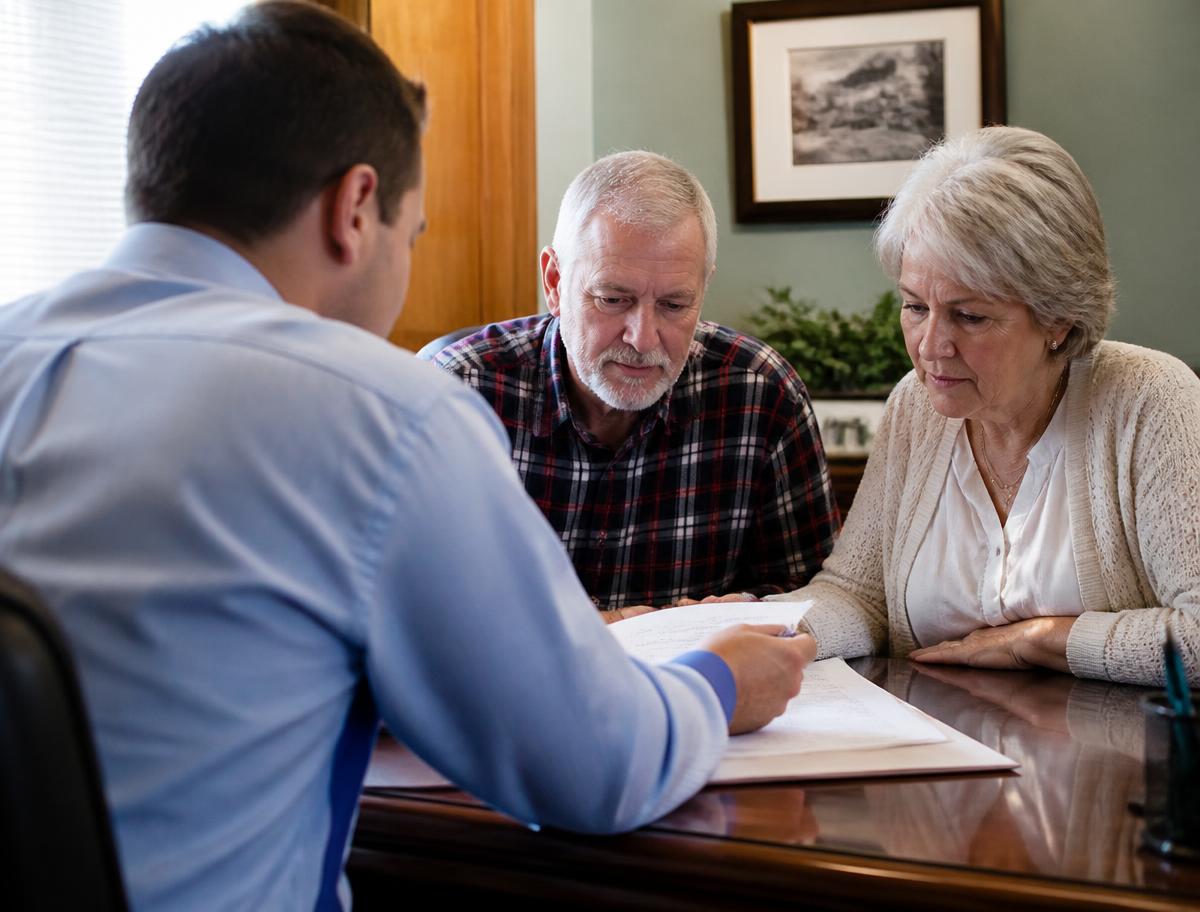Insurance advisor reviewing Medicare paperwork with a couple across a desk